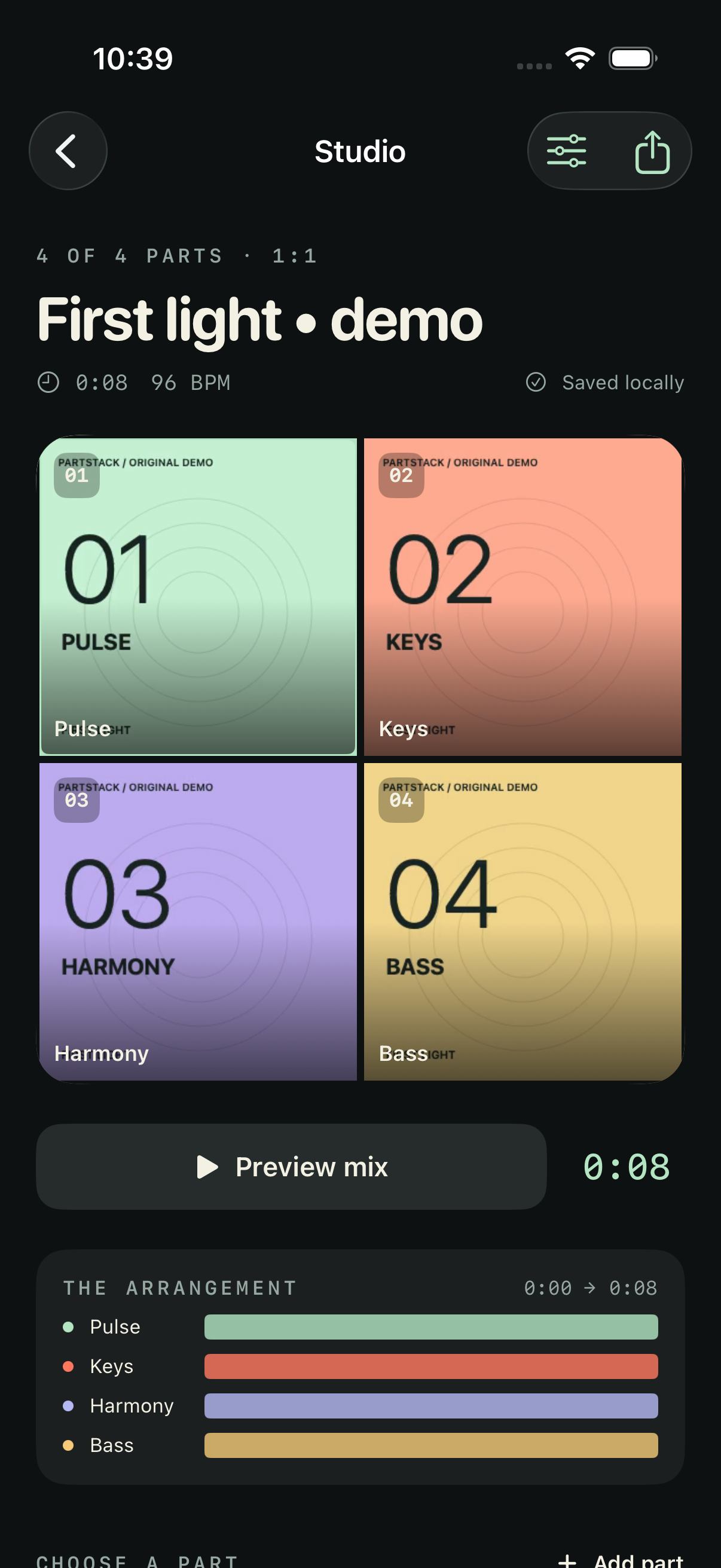 PartStack studio showing four original demo parts: Pulse, Keys, Harmony and Bass